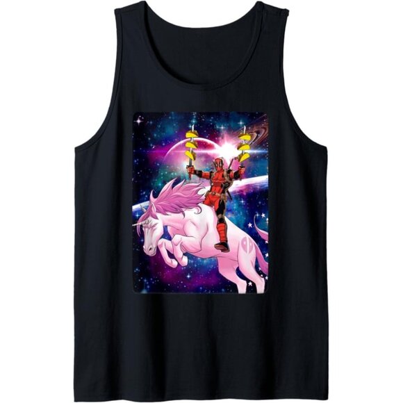 Marvel Deadpool Riding A unicorn In Space Poster Mens 2XL Black Tank Top Casual - Picture 1 of 10